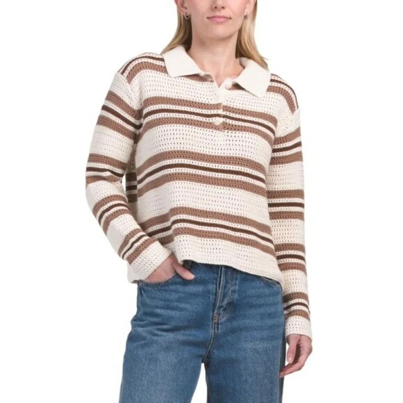 Elie Tahari Sweaters - Elie Tahari women Beige Almond Striped Crochet Knit Polo Sweater sze Medium $285